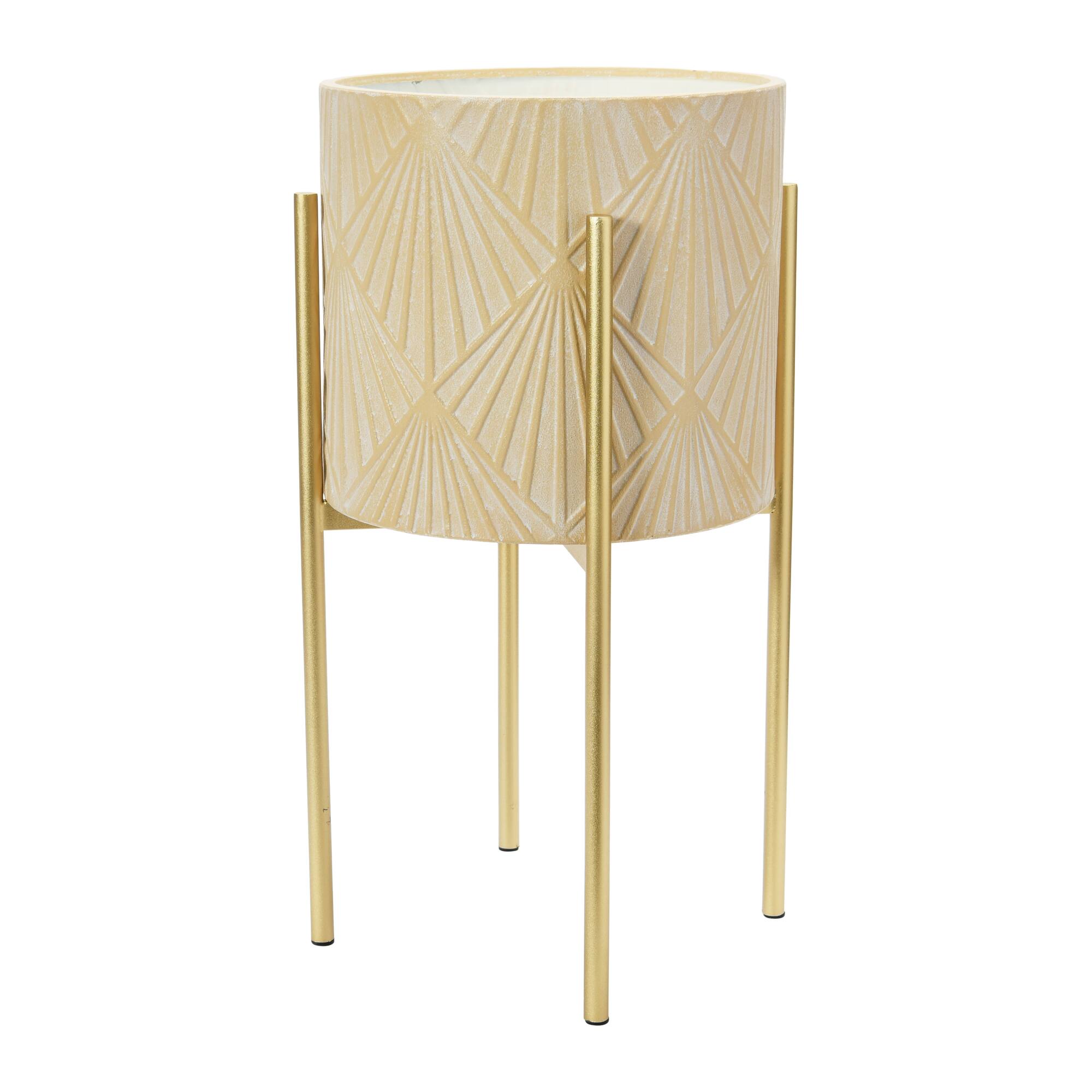 Hello Honey® Cream & Gold Boho Embossed Metal Planters with Stands Set
